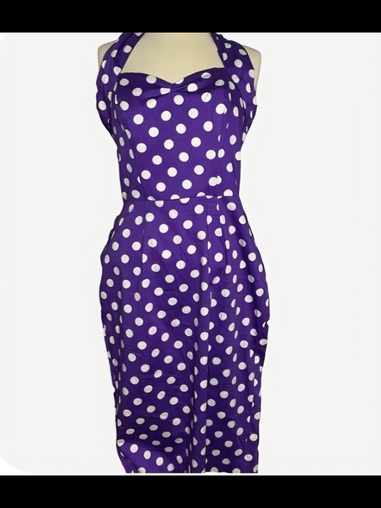 Vivien Of Holloway Dresses & Skirts - VOH Halter Purple Polka Dot Wiggle Dress.             15 Flat Waist